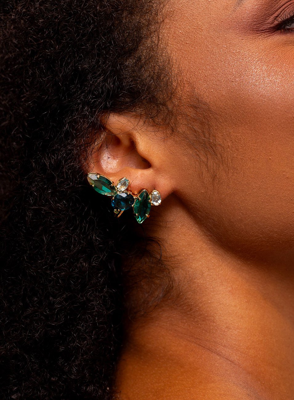 BRINCOS EARCUFF AURA MIX CRISTAIS AZUL BANHO OURO