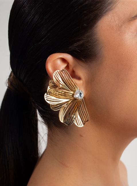 BRINCOS EARCUFFS DAISY CRISTAL SWAROVSKI INCOLOR COM BANHO OURO