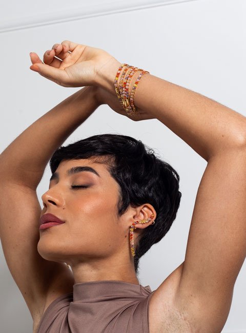 BRINCOS EARCUFFS ZÍPER ZIRCÔNIA COLORIDA BANHO OURO