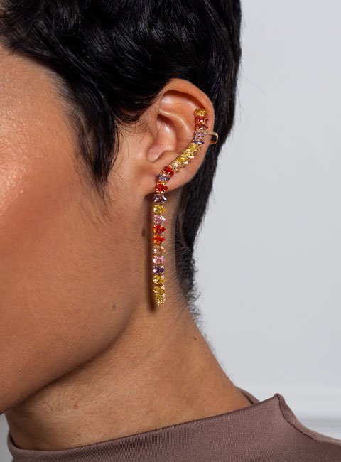 BRINCOS EARCUFFS ZÍPER ZIRCÔNIA COLORIDA BANHO OURO