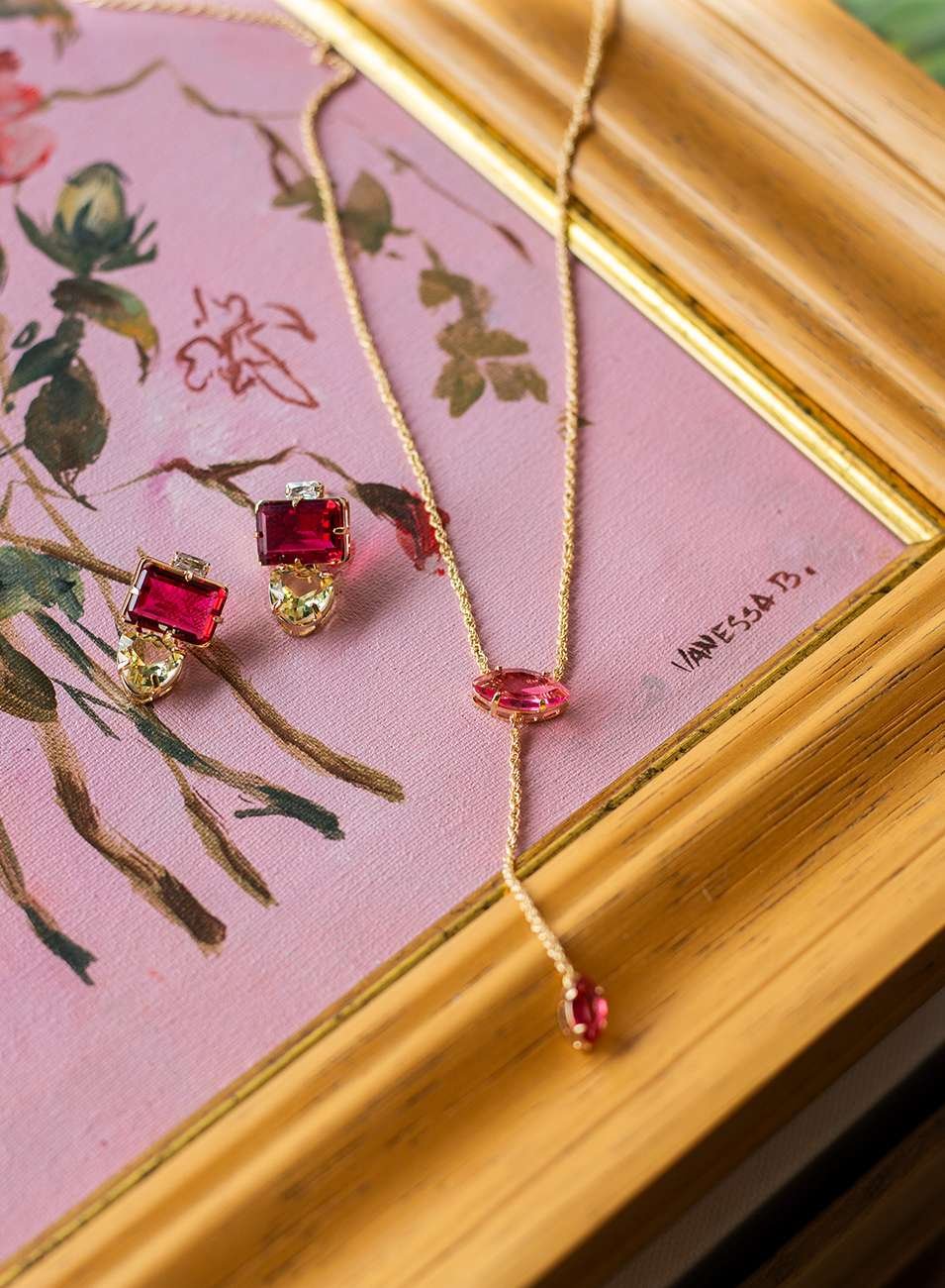 BRINCOS ELEGANCE CRISTAIS ROSA E AMARELO BANHO OURO