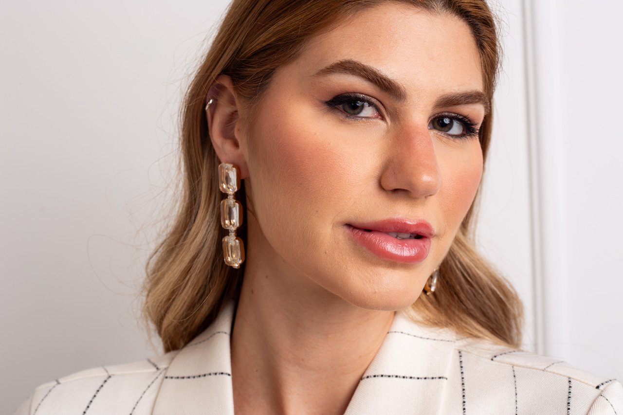 BRINCOS ENTALHE PÊNDULO CRISTAL INCOLOR BANHO OURO