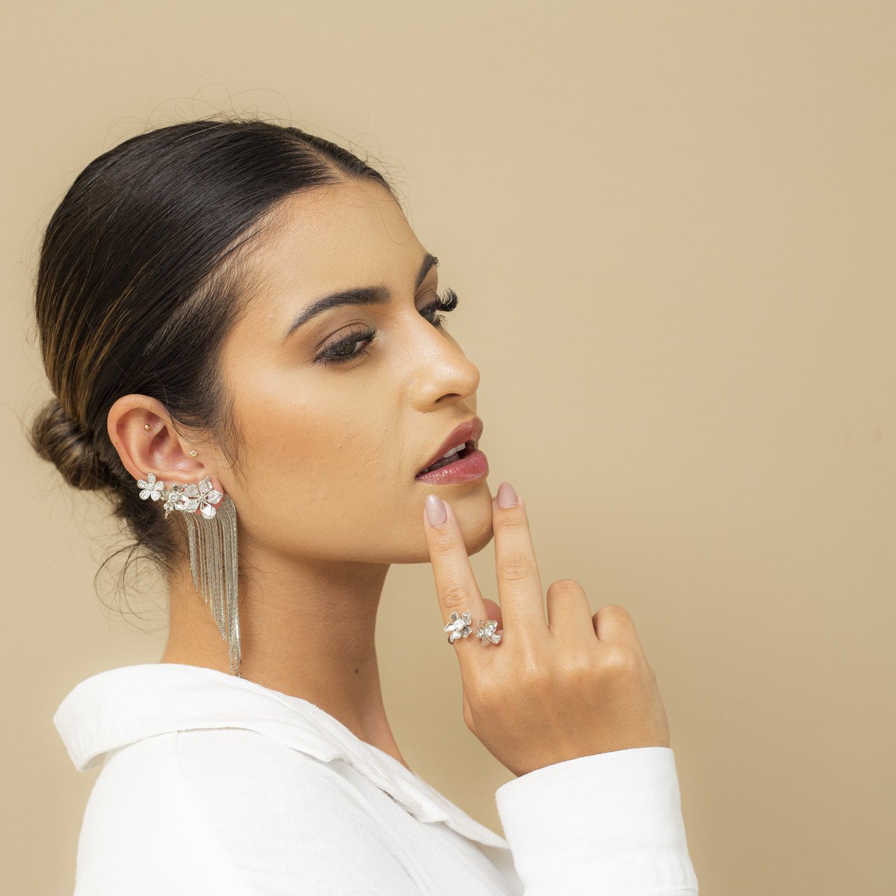 BRINCOS FLORIR EAR CUFFS MIX FLORES ZIRCÔNIA BANHO RÓDIO BRANCO