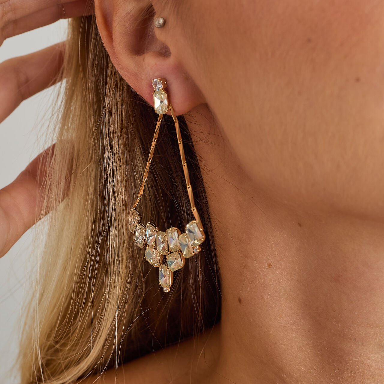 BRINCOS GALAX CRISTAIS QUADRADOS BANHO OURO