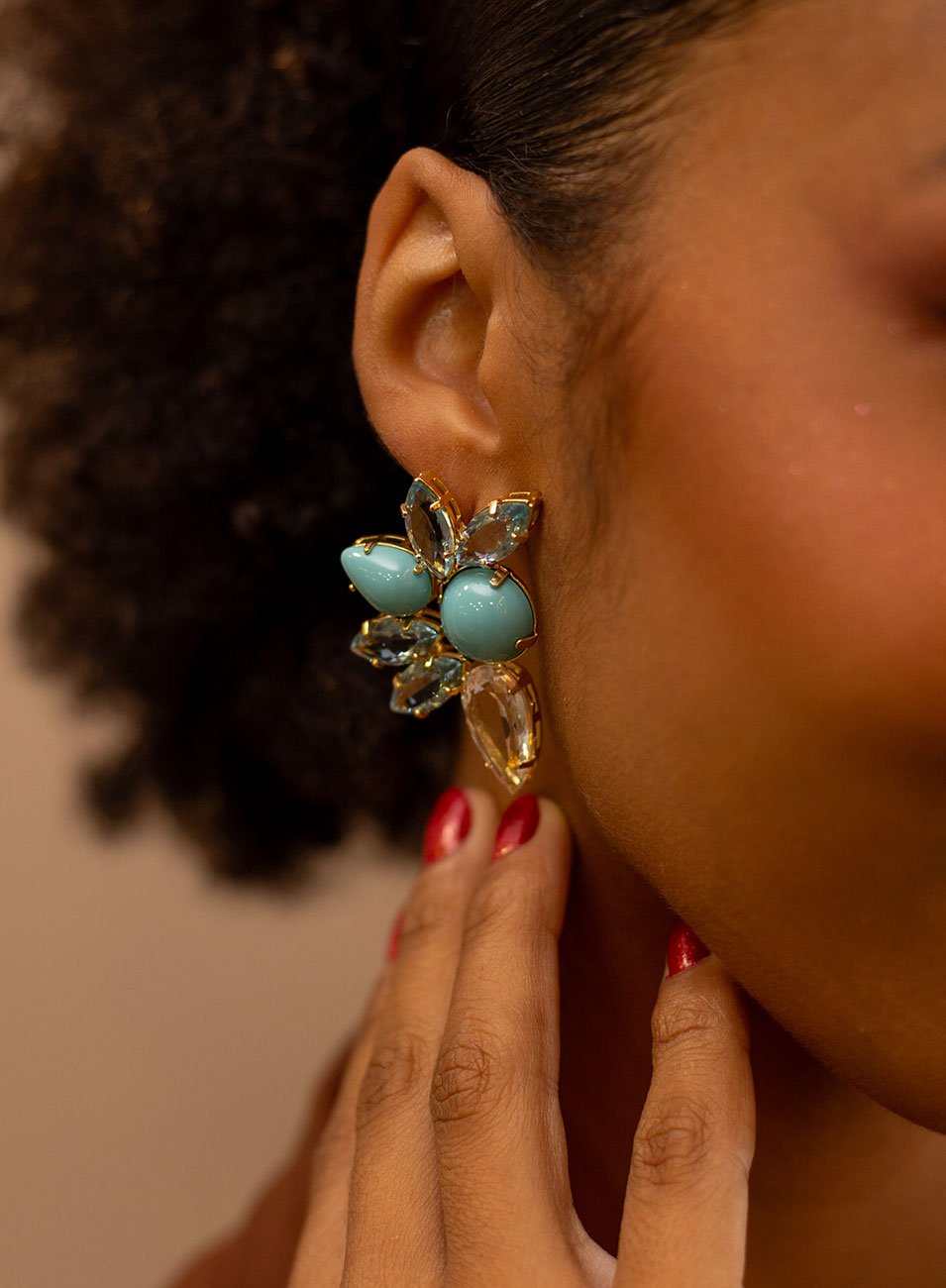 BRINCOS LANG CRISTAIS AZUL E TURQUESA OURO