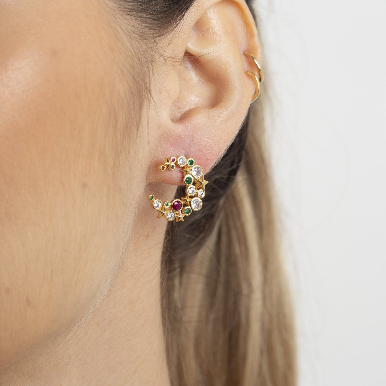 BRINCOS LUAR ZIRCÔNIAS COLORIDAS BANHO OURO