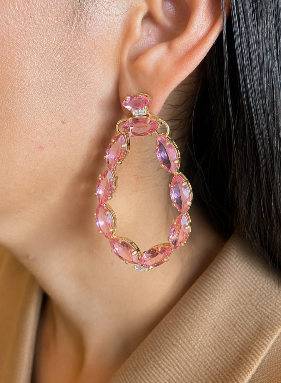 BRINCOS MISTIC CRISTAIS ROSA BANHO OURO