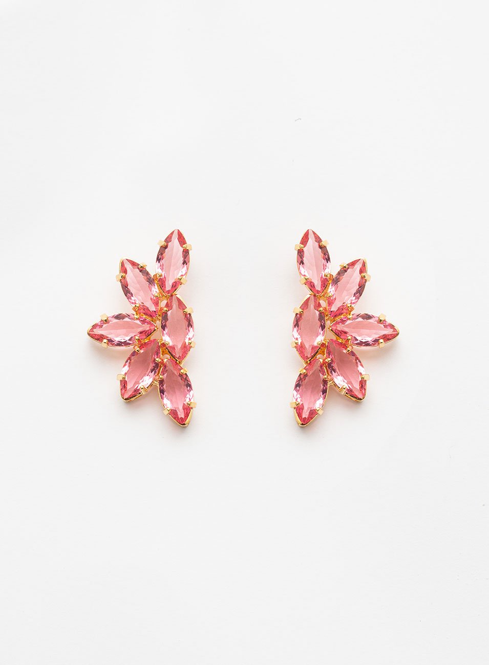 BRINCOS NORAH ASA NAVETE CRISTAL SAFIRA ROSA BANHO OURO