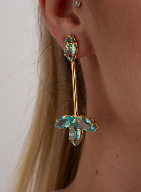 BRINCOS PHILIPA HASTE DE METAL E CRISTAIS ACQUA MARINE BANHO OURO