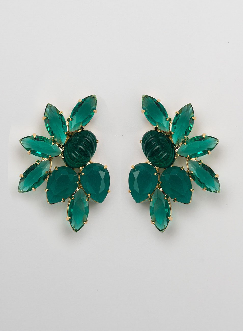 BRINCOS PRESSÃO BROMÉLIA CRISTAIS VERDE COM BANHO OURO