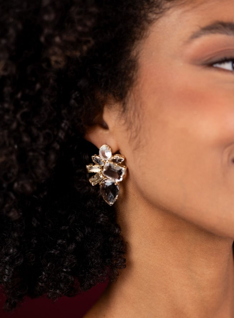 BRINCOS PRESSÃO SPARK MIX CRISTAIS INCOLOR COM BANHO OURO