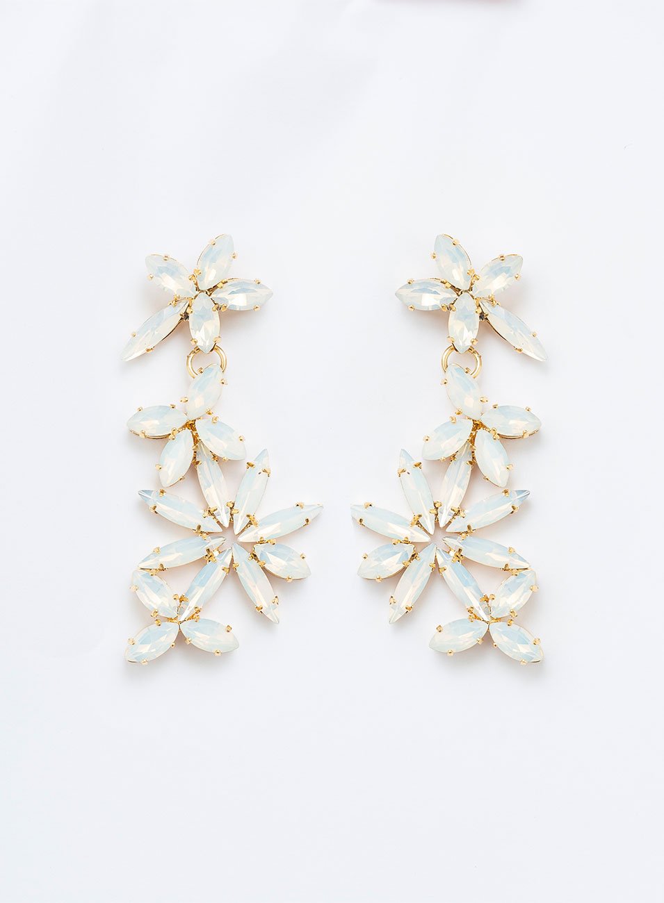 BRINCOS RADIANTE CRISTAIS NAVETES BRANCO BANHO OURO