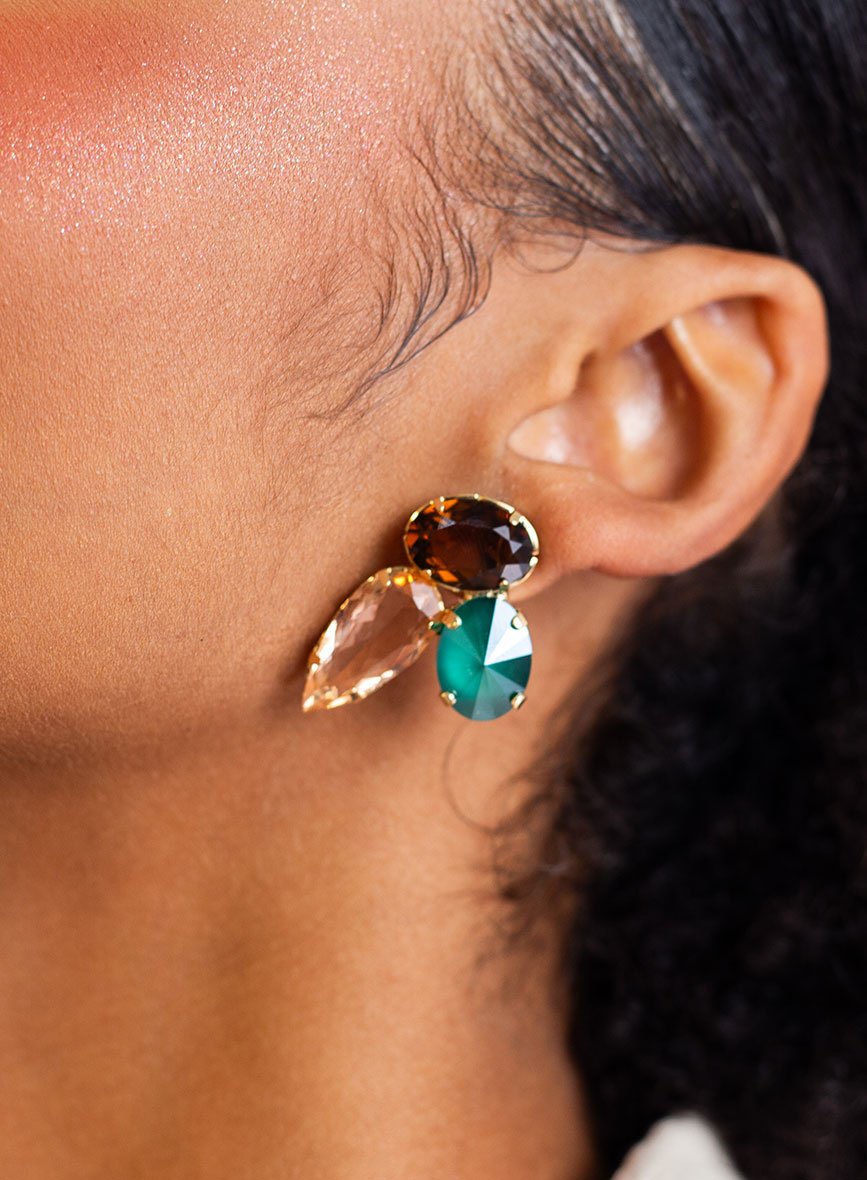 BRINCOS VIBE VERDE SWAROVSKI, MARROM E ROSA BANHO OURO 