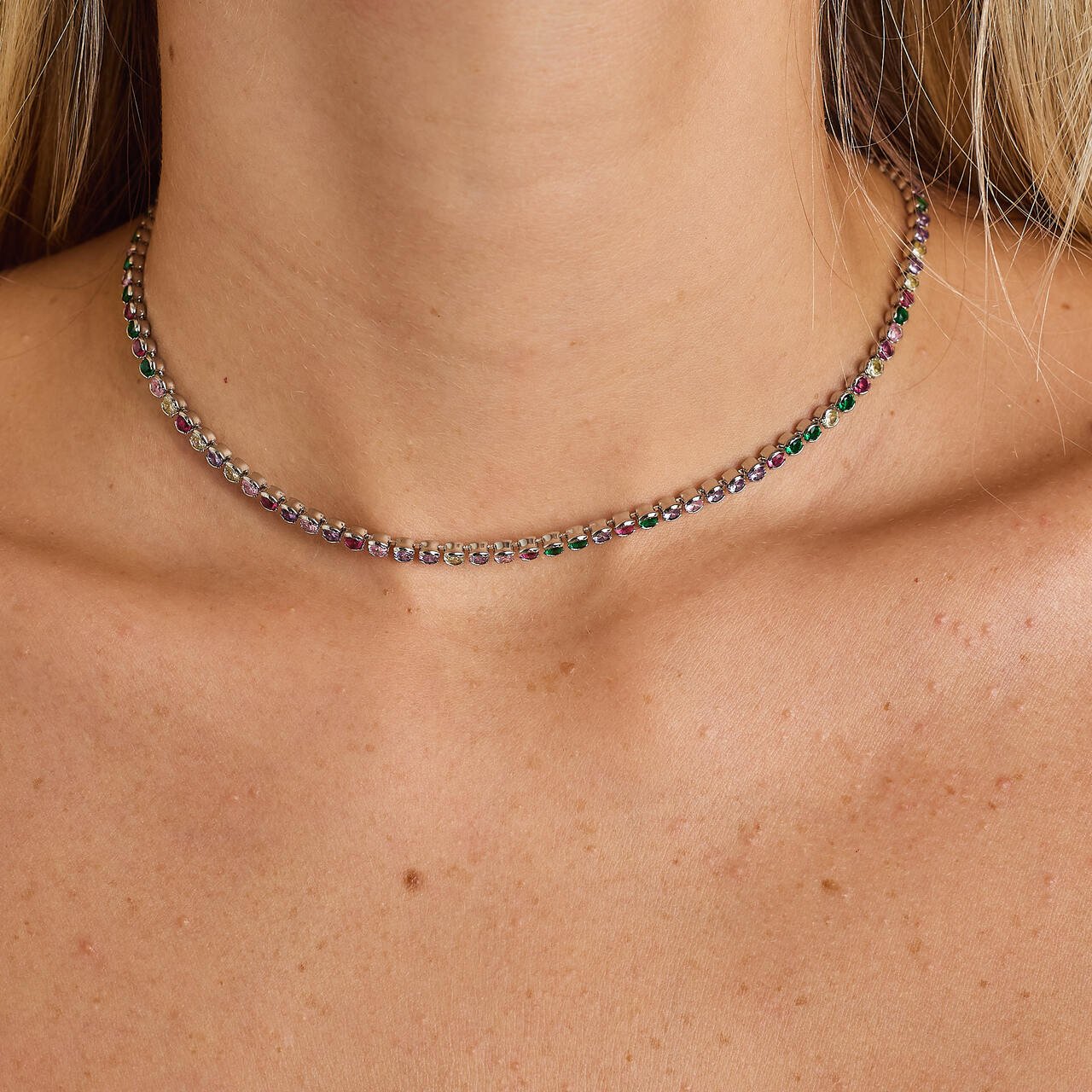 CHOKER CICI RIVIERA PORTUGUESA COLORIDA BANHO RÓDIO BRANCO