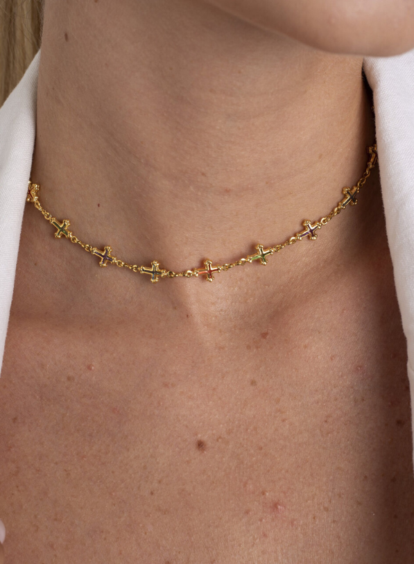 CHOKER CRUCIFIXOS COLORIDOS BANHO OURO
