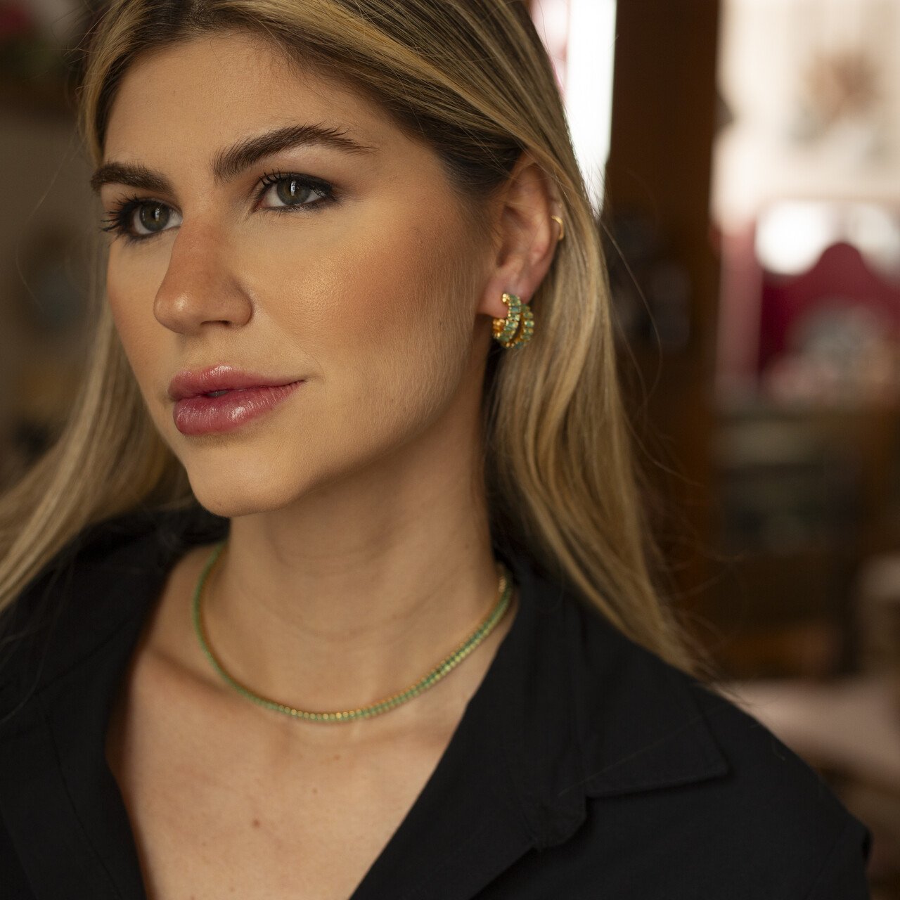 CHOKER EXXU RIVIERA CRISTAL VERDE CLARO BANHO OURO