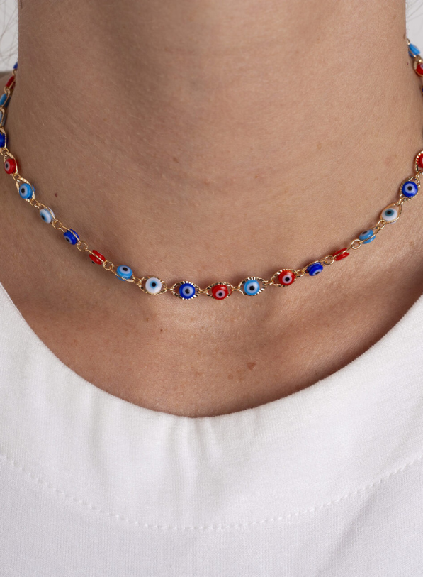 CHOKER OLHO GREGO RESINA COLORIDA BANHO OURO