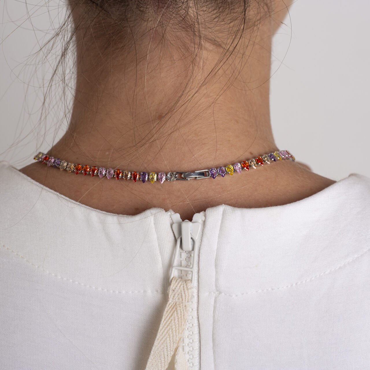 CHOKER RAIN ZIRCÔNIA GOTA COLORIDA BANHO RÓDIO BRANCO