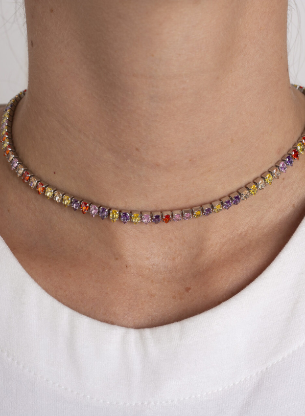 CHOKER RAIN ZIRCÔNIA GOTA COLORIDA BANHO RÓDIO BRANCO