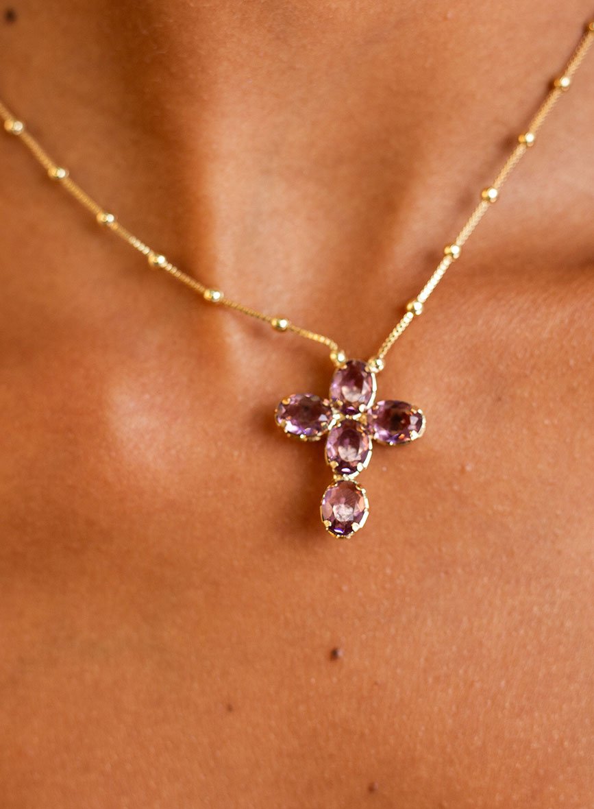 CHOKER REGULÁVEL CRUZ P AMETISTA ROSA BANHO OURO