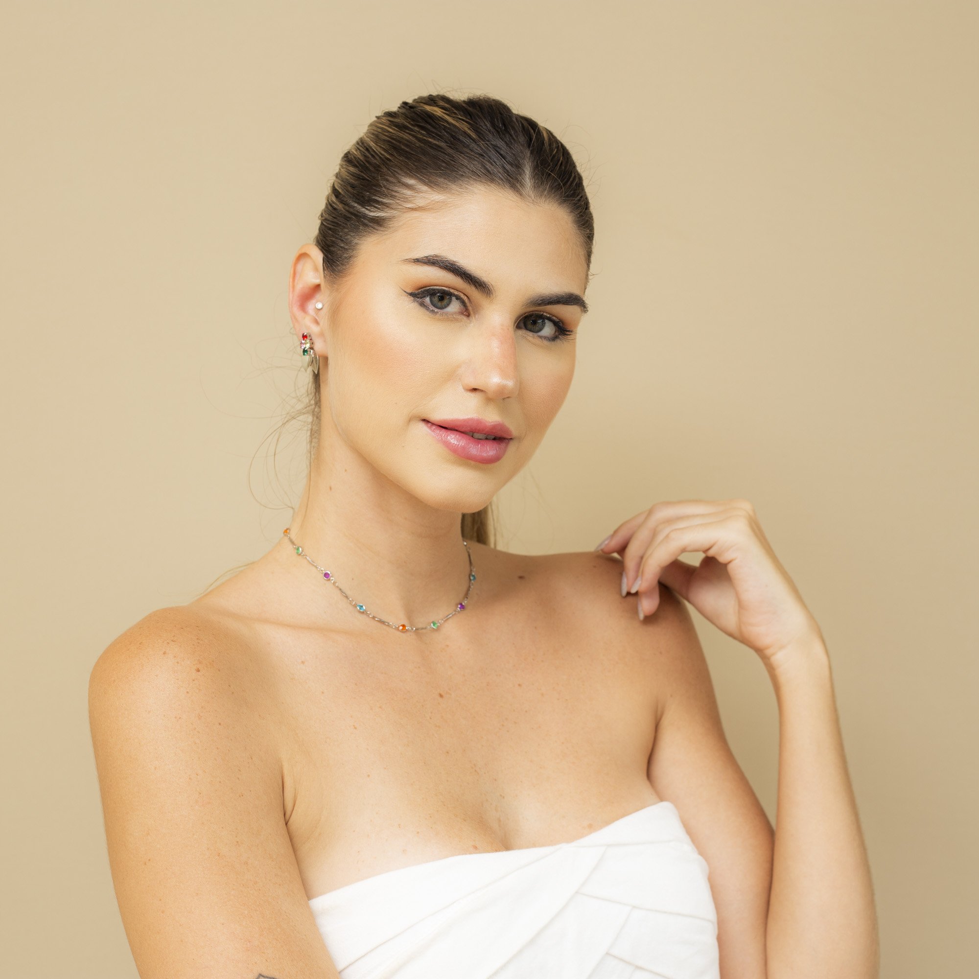 CHOKER TIFANY REDONDA COLORIDA BANHO RÓDIO BRANCO