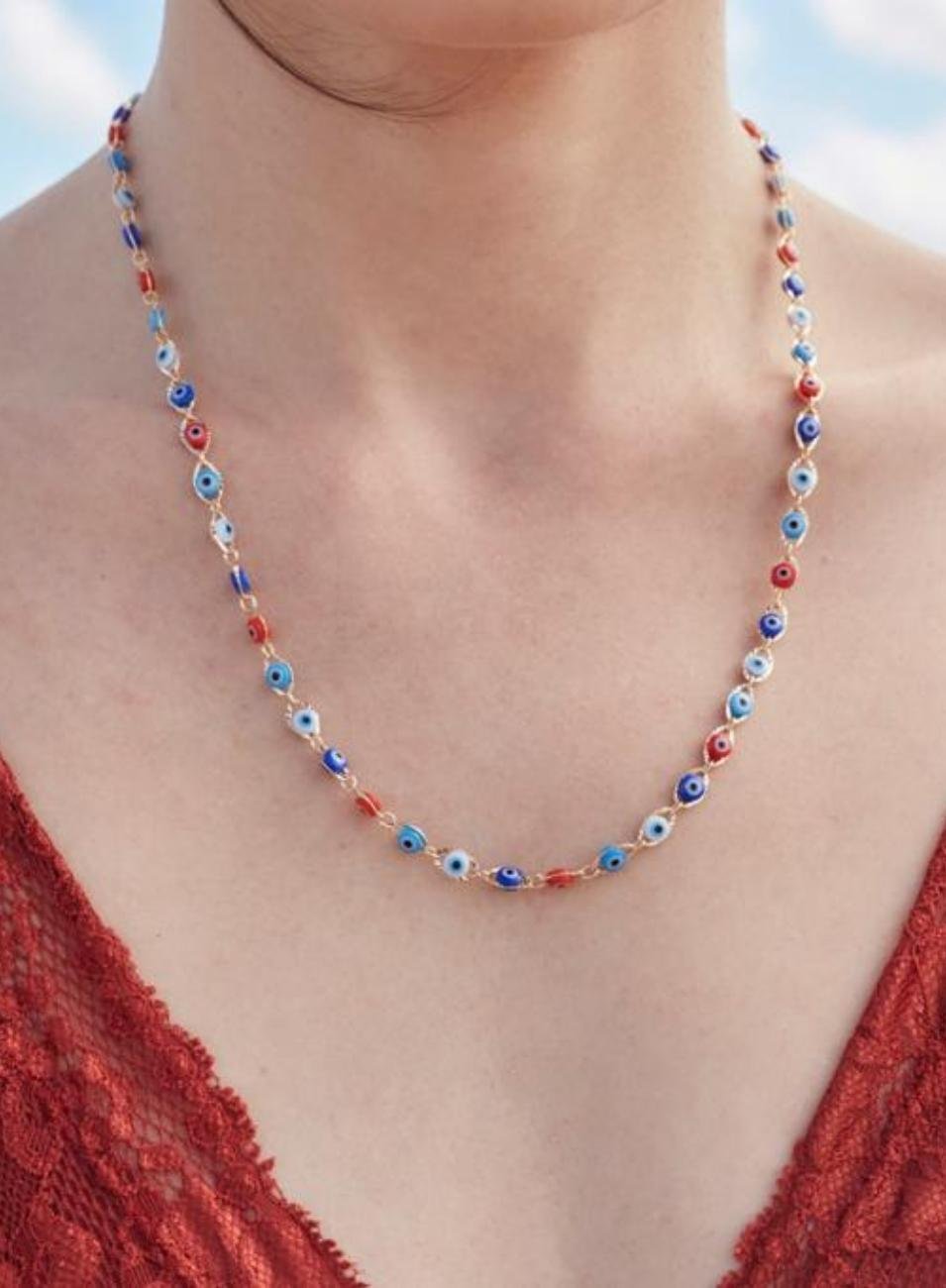 COLAR CURTO OLHO GREGO COLORIDO BANHO OURO
