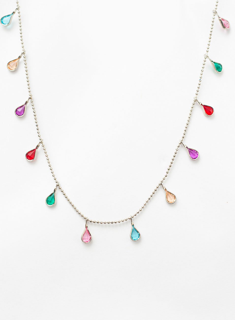 COLAR LONGO CRISTAIS GOTA COLORIDOS BANHO RÓDIO BRANCO