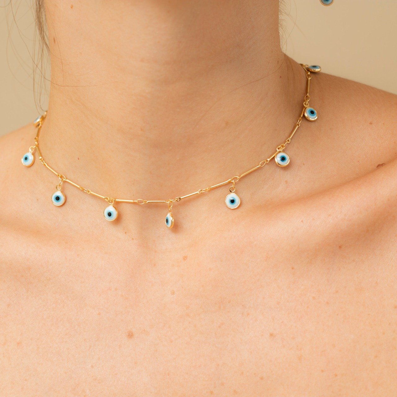 COLAR PROTETOR PINGENTES OLHO GREGO BANHO OURO