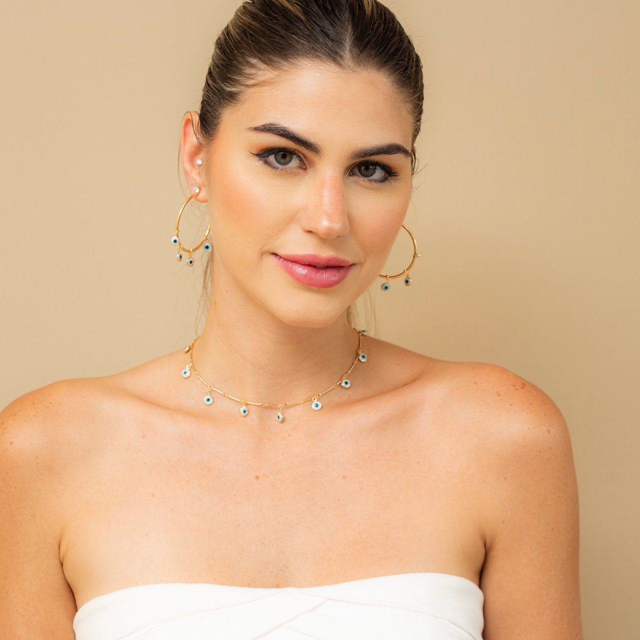 COLAR PROTETOR PINGENTES OLHO GREGO BANHO OURO