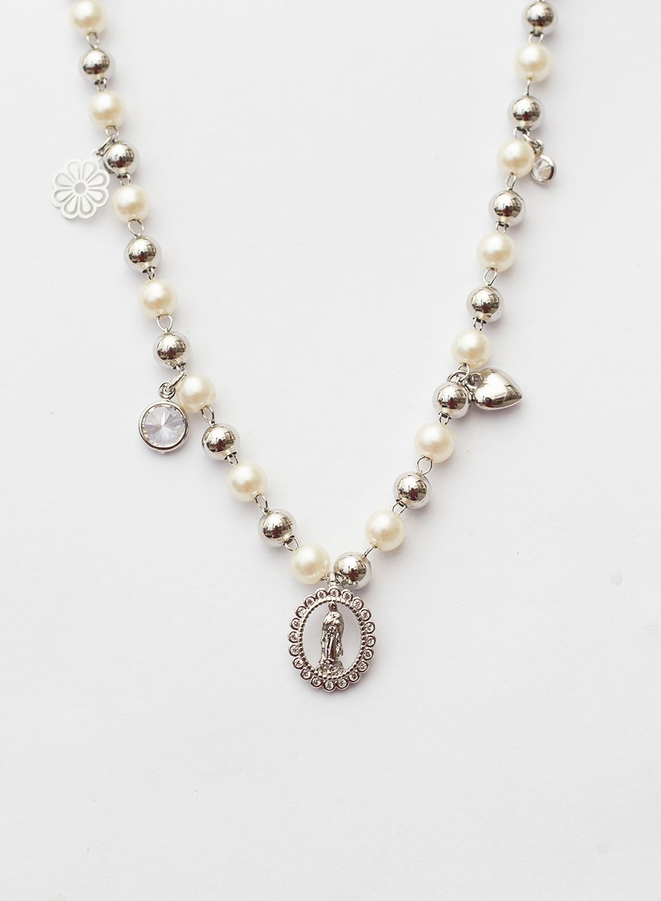 COLAR RELIGIOSO PÉROLAS PINGENTES RÓDIO BRANCO