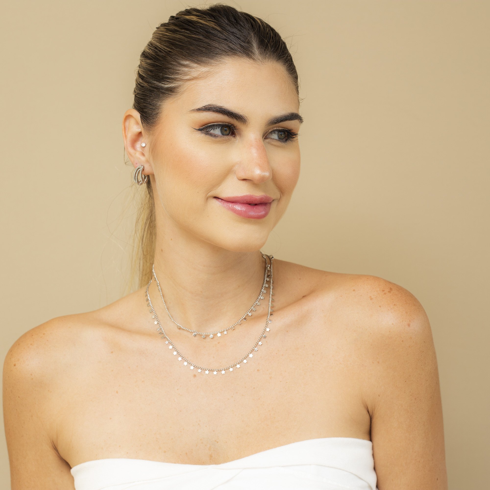 COLAR STAR PINGENTES ESTRELINHAS BANHO RÓDIO BRANCO