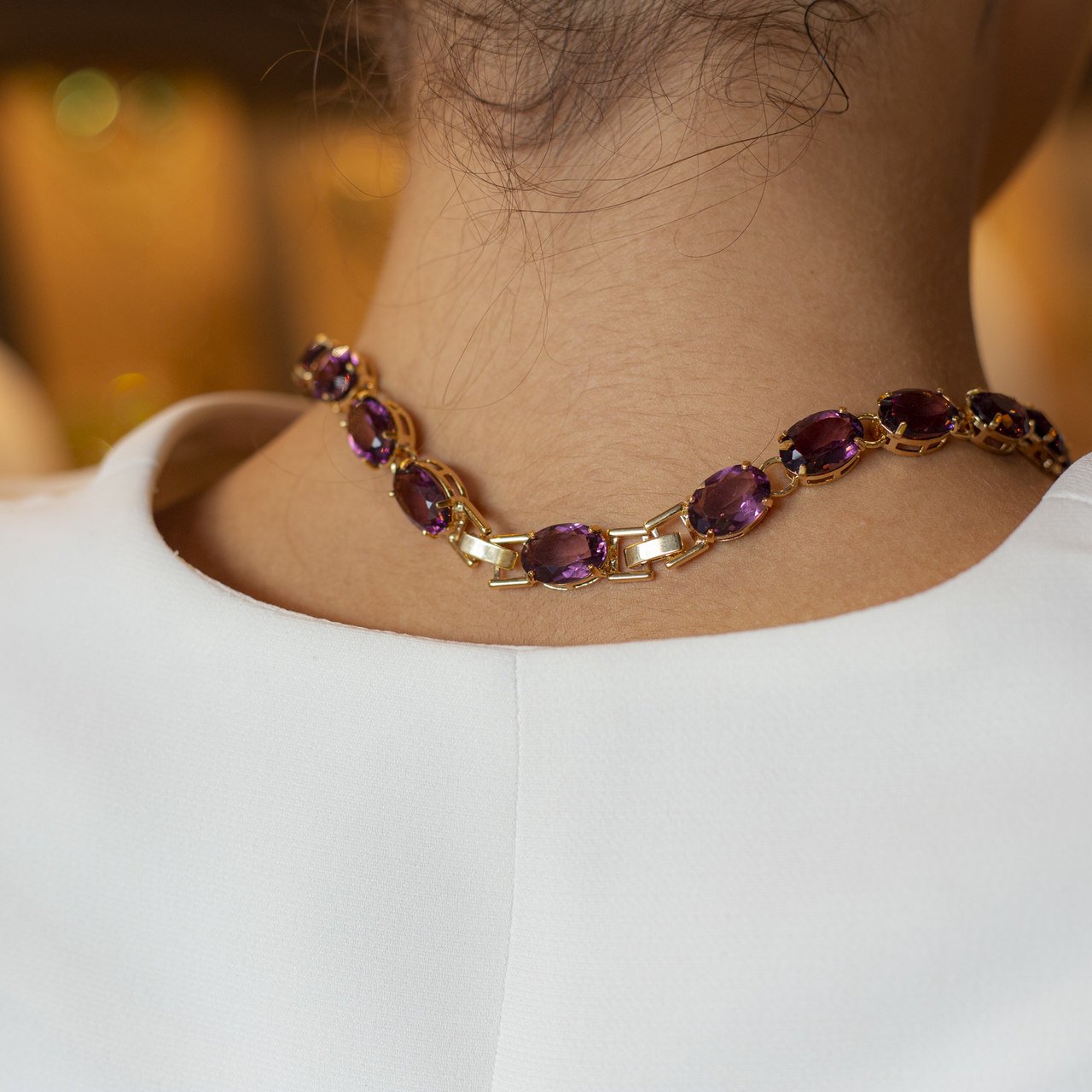 Colar Wintour com Cristais Ovais Banhado a Ouro - ROXO AMESTISTA