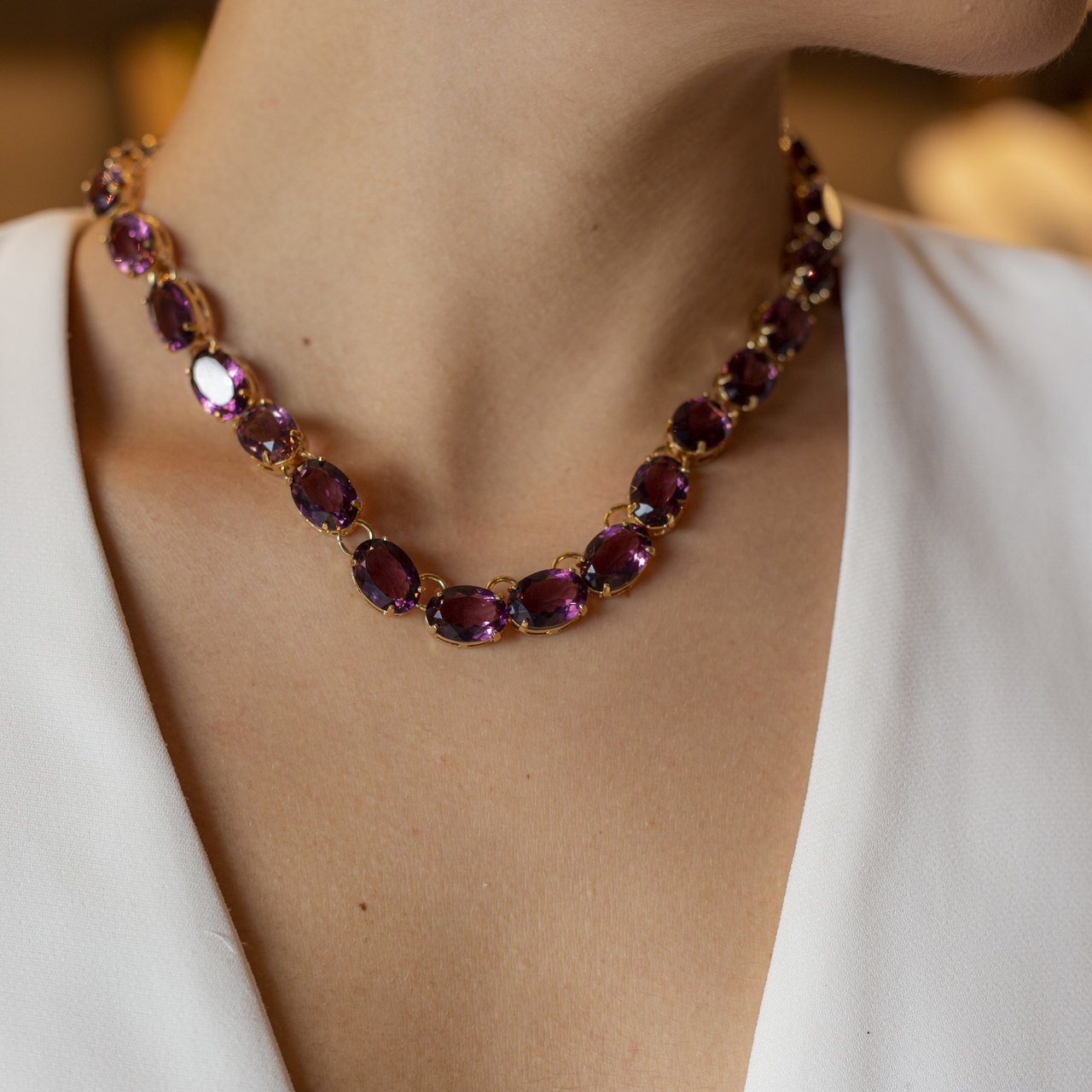 Colar Wintour com Cristais Ovais Banhado a Ouro - ROXO AMETISTA