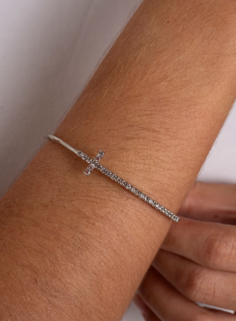 BRACELETE CRUZ ZIRCÔNIA BANHO RÓDIO BRANCO