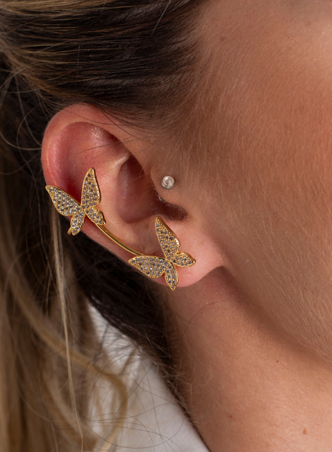 BRINCOS EAR CUFFS BORBOLETAS CRAVAÇÃO ZIRCÔNIA BANHO OURO