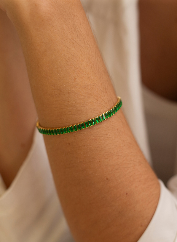 PULSEIRA EXXU RIVIERA CRISTAL BAGUETE VERDE ESCURO BANHO OURO