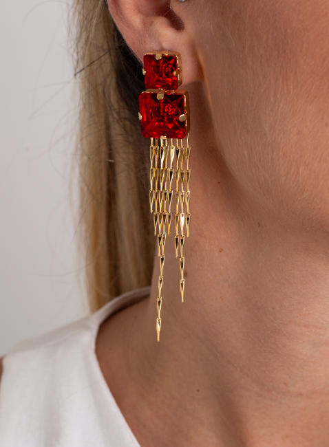 BRINCOS VIVI CRISTAL SWAROVSKI DUPLO VERMELHO BANHO OURO
