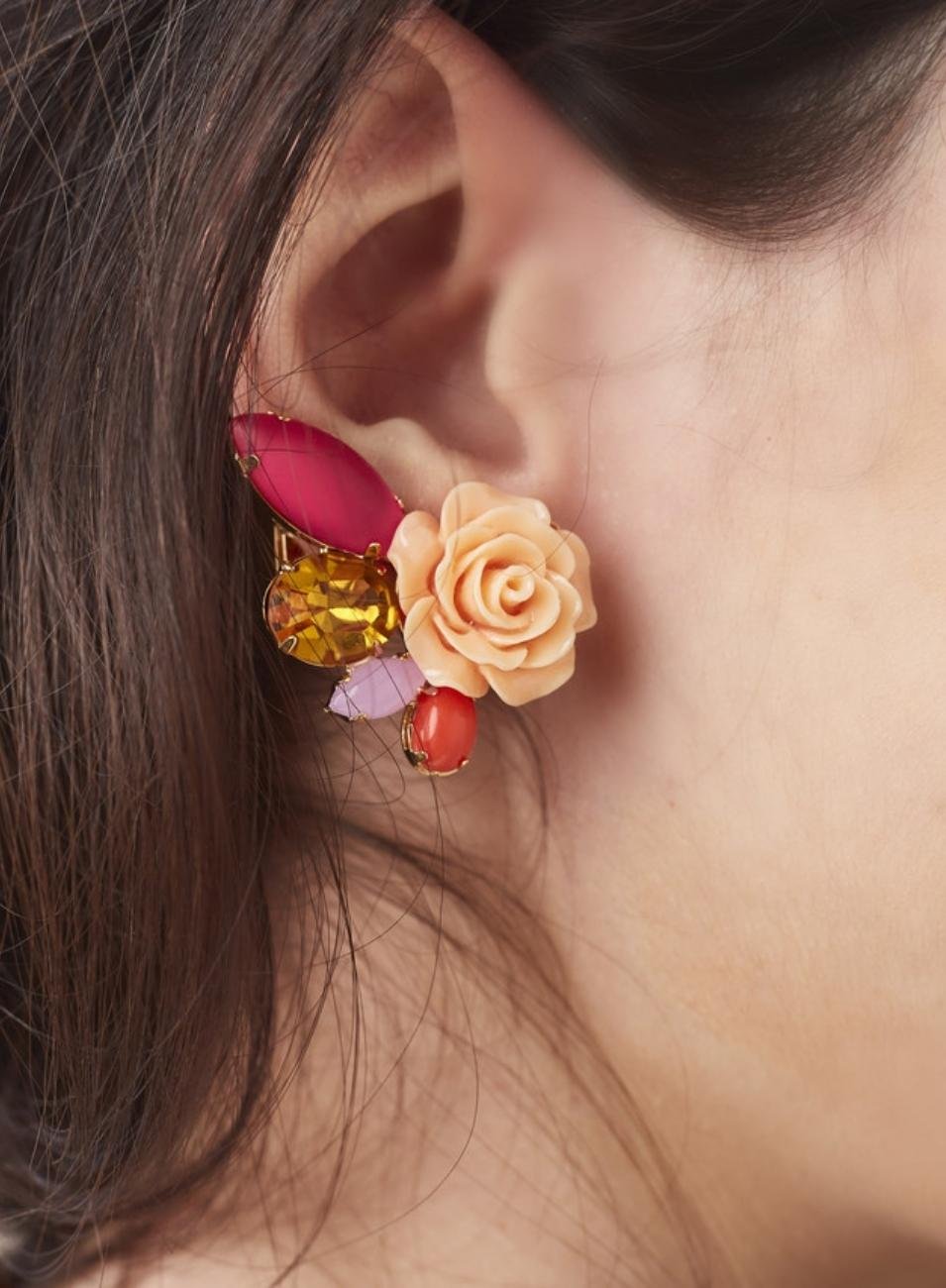 BRINCOS EAR CUFFS LABELLE CRISTAIS COLORIDOS FLOR RESINA BANHO OURO