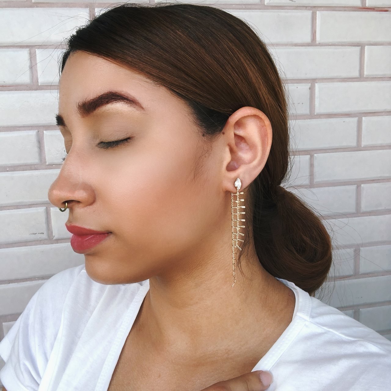 BRINCOS BLONDIE CORRENTE TRACINHO CRISTAL RÓDIO BRANCO