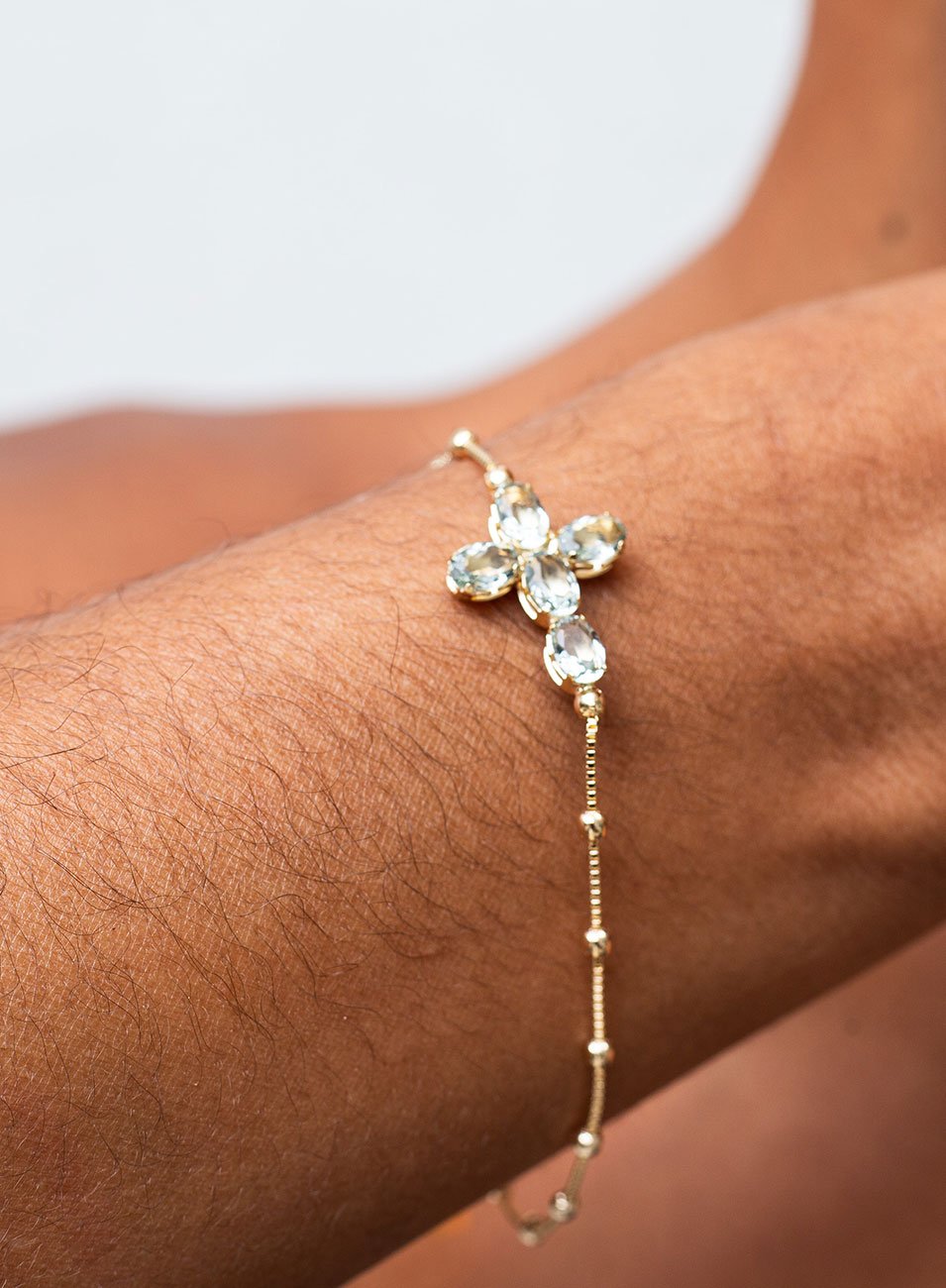 PULSEIRA CRUZ CRISTAIS MINI VERDE AMETISTA BANHO OURO