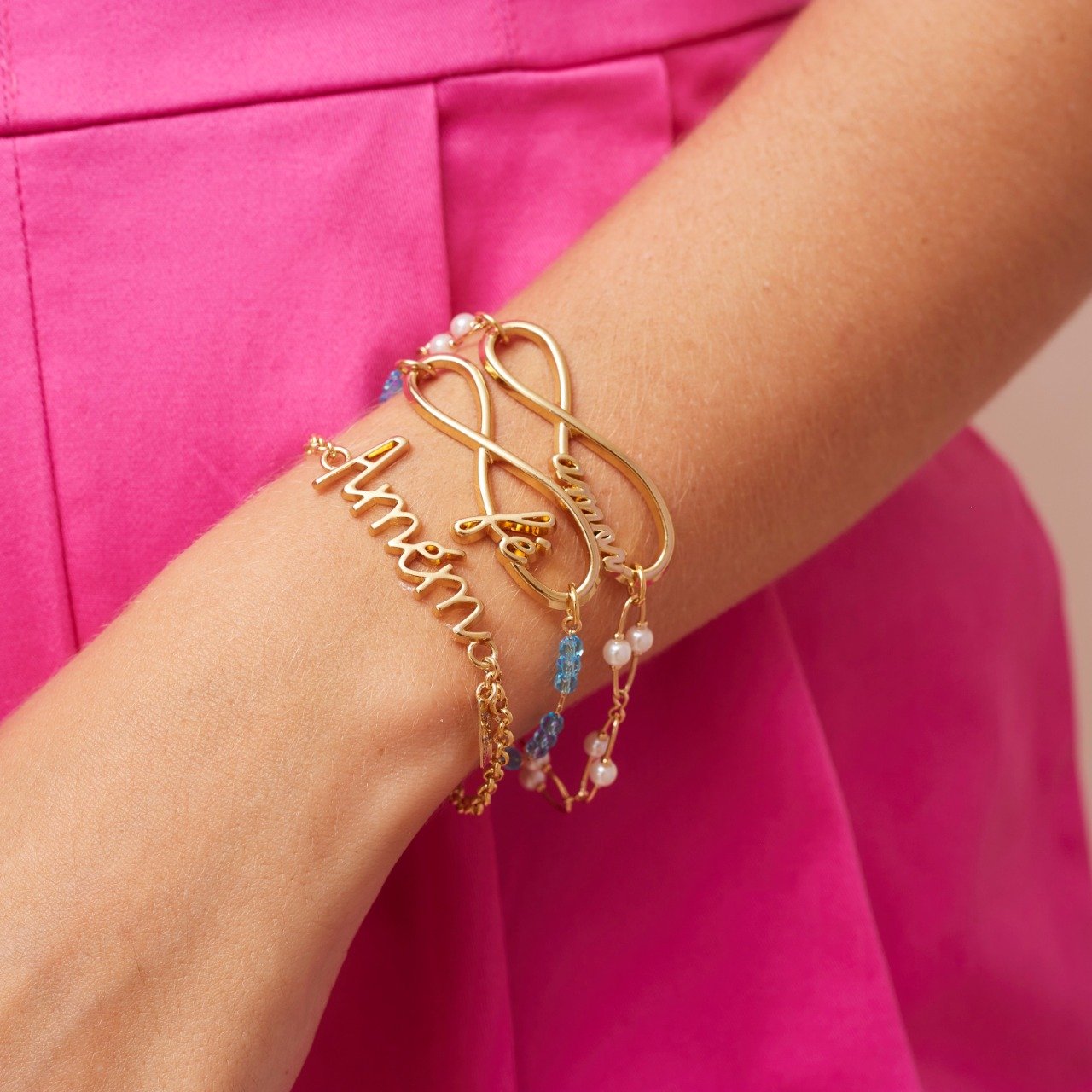 PULSEIRA FÉ CRISTAIS AZUIS BANHO OURO