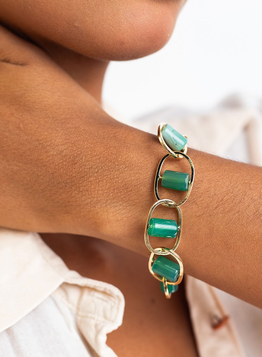 PULSEIRA NEXO DE ÁGATA VERDE BANHO OURO 