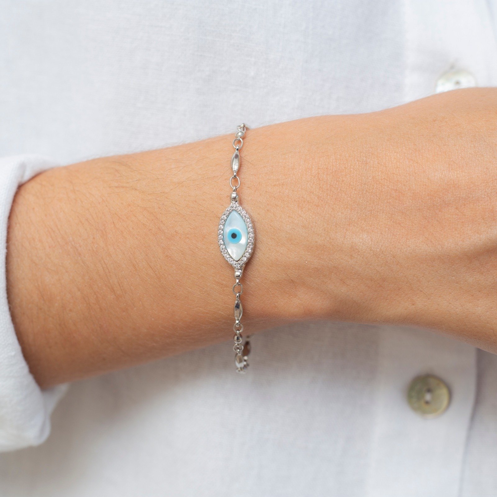 PULSEIRA OLHO GREGO BANHO RÓDIO BRANCO