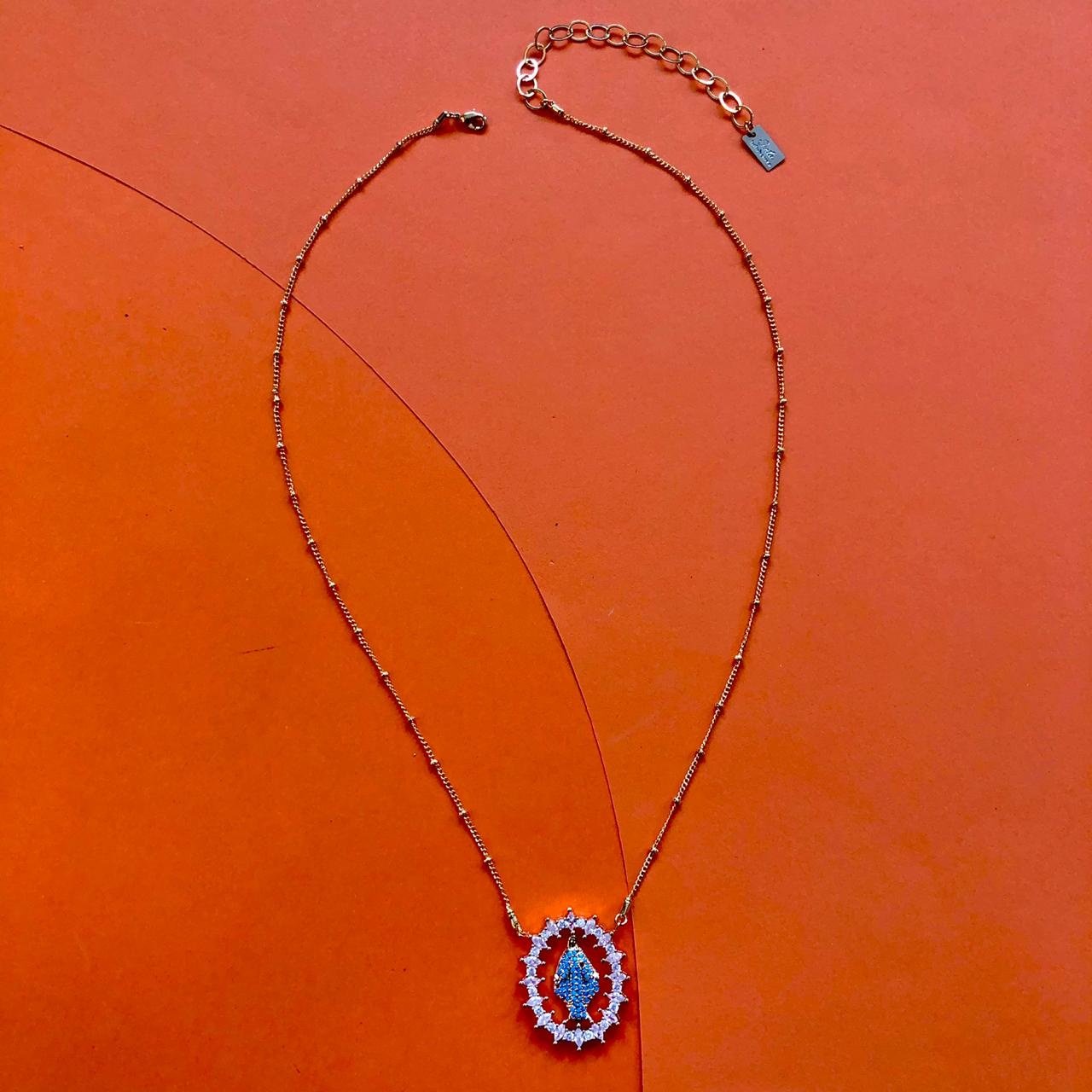 COLAR MEDALHA NS SRA GRAÇAS TURQUESA ZIRCÔNIA OURO