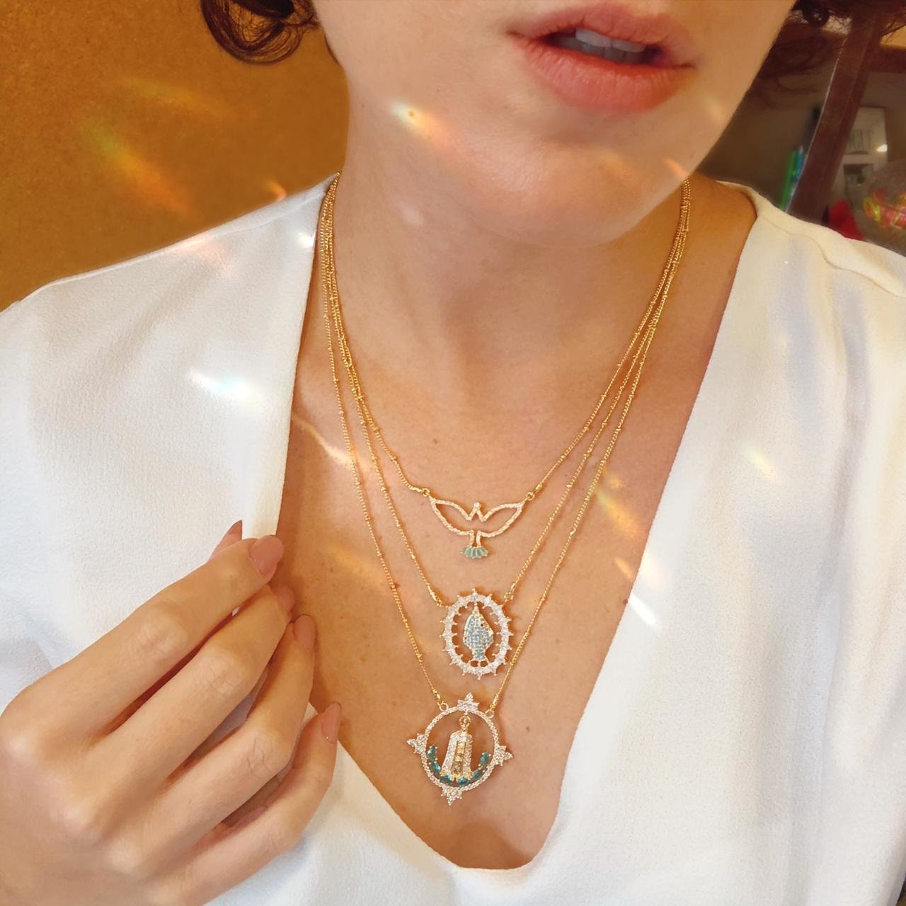 COLAR MEDALHA NS SRA GRAÇAS TURQUESA ZIRCÔNIA OURO