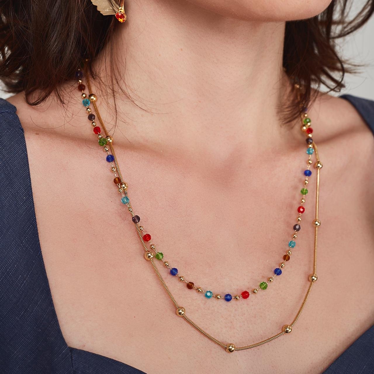 COLAR CORES M CRISTAIS VERM VERD AZUL ESFERAS OURO