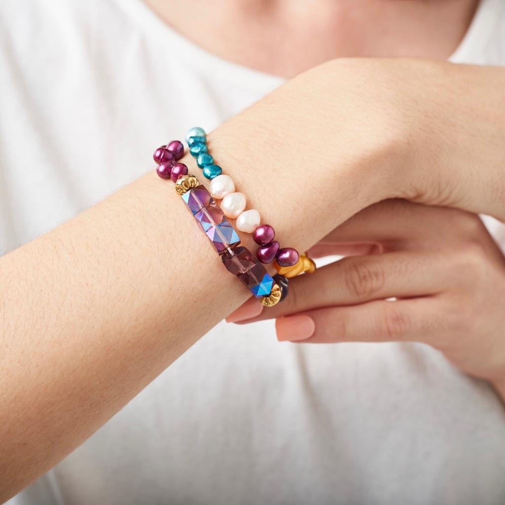 PULSEIRA PURPLE PÉROLA CULTIVADA OLHO GREGO ROXO