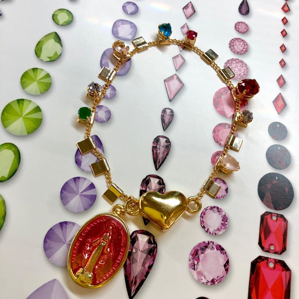 PULSEIRA PROTECT PINGENTE SANTA FECHO CORAÇÃO BANHO OURO