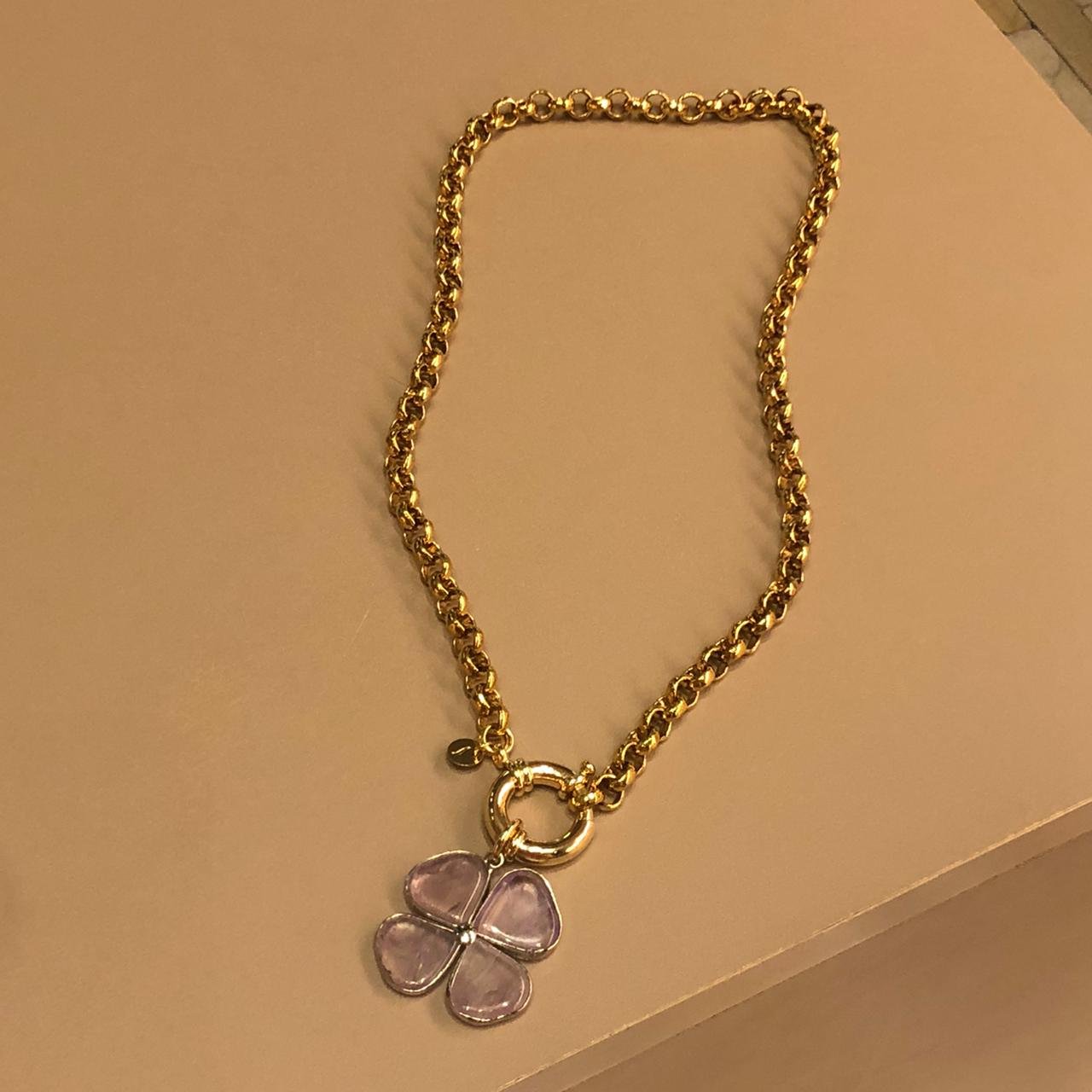 COLAR CLOVER OURO ENVELHECIDO PINGENTE TREVO AMETISTA
