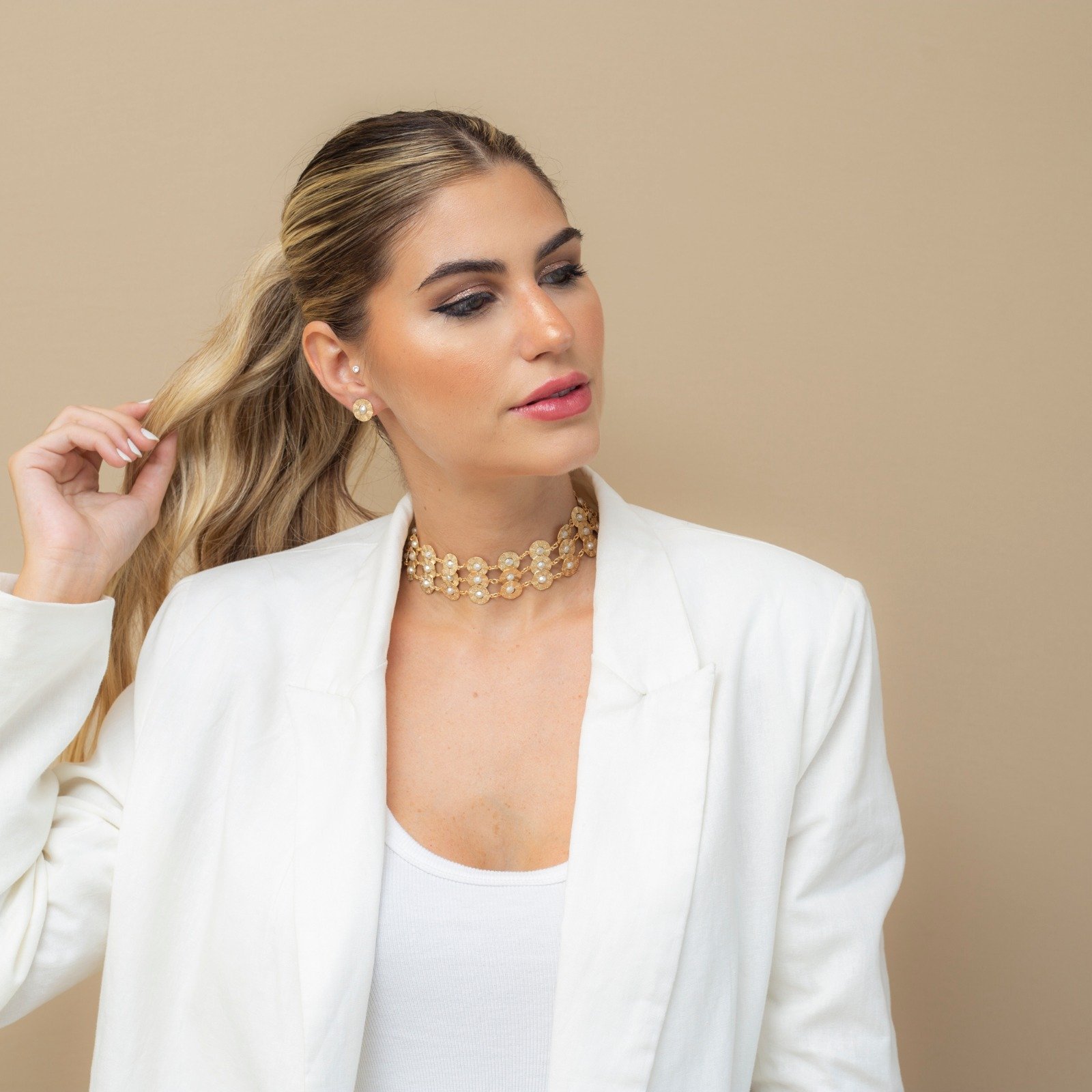 CHOKER DISCO PÉROLAS BANHO OURO